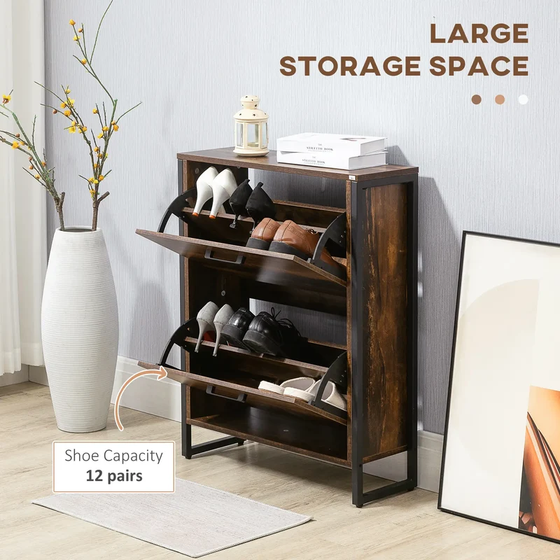 Shoe Cabinet, 2 Flip Doors, 2 Drawers, Divider, Holds 12 Pairs, Rustic Brown