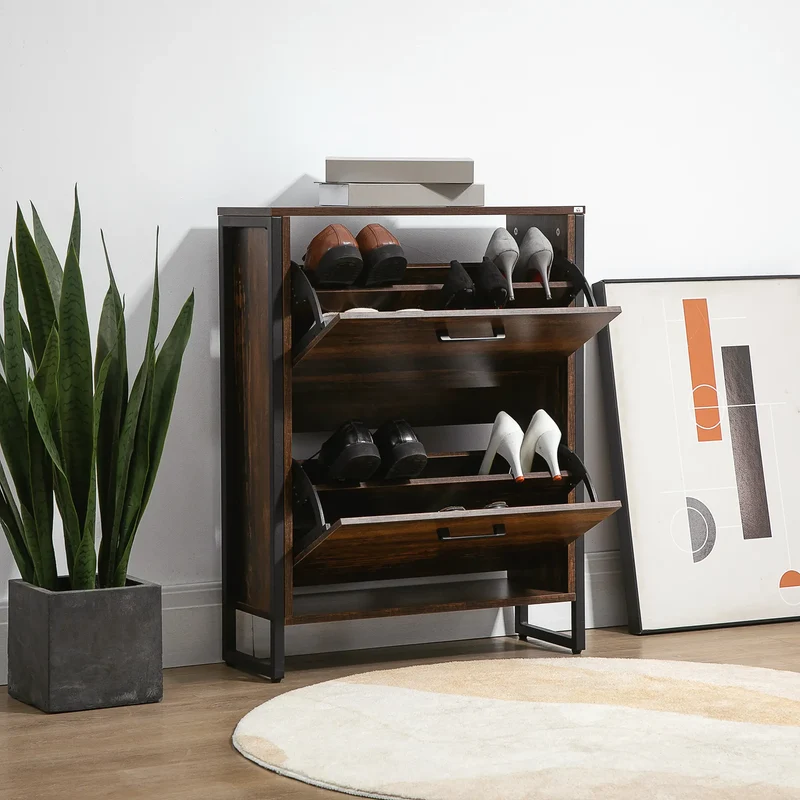 Shoe Cabinet, 2 Flip Doors, 2 Drawers, Divider, Holds 12 Pairs, Rustic Brown