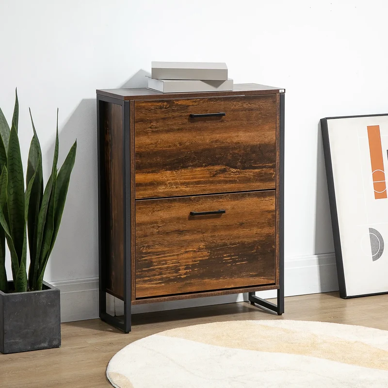 Shoe Cabinet, 2 Flip Doors, 2 Drawers, Divider, Holds 12 Pairs, Rustic Brown