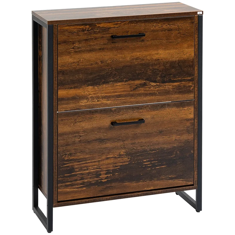 Shoe Cabinet, 2 Flip Doors, 2 Drawers, Divider, Holds 12 Pairs, Rustic Brown