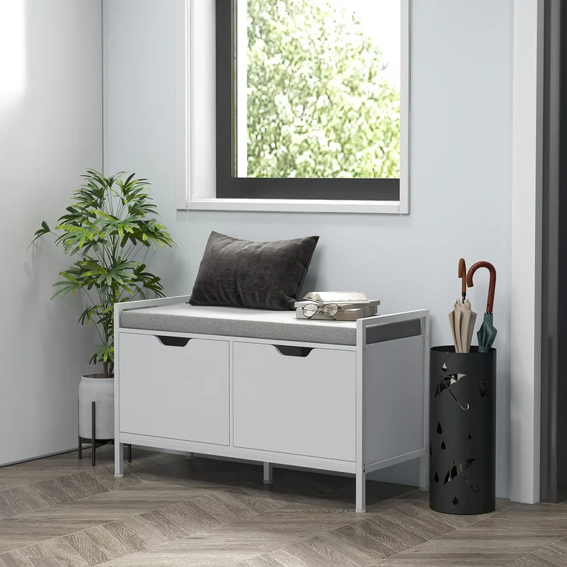 Shoe Storage Bench with Seat Cushion, Hallway Cabinet, 352lbs, White
