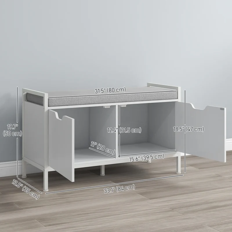 Shoe Storage Bench with Seat Cushion, Hallway Cabinet, 352lbs, White