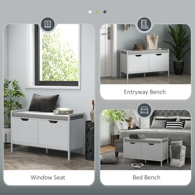 Shoe Storage Bench with Seat Cushion, Hallway Cabinet, 352lbs, White