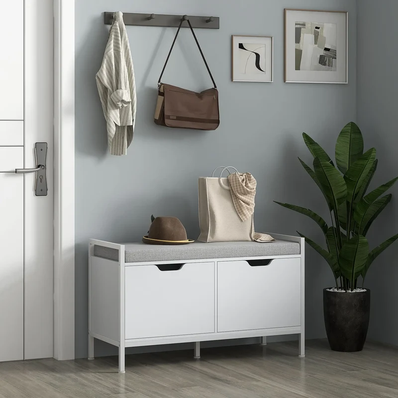 Shoe Storage Bench with Seat Cushion, Hallway Cabinet, 352lbs, White