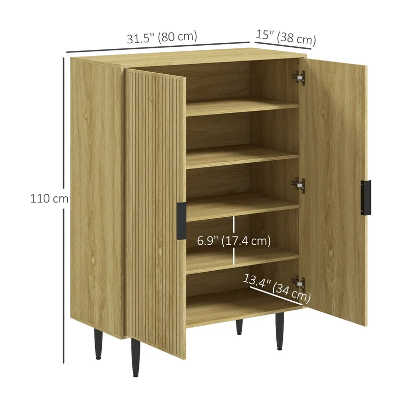 5-Tier Shoe Cabinet, Adjustable Shelves, 15 Pair Storage, Oak