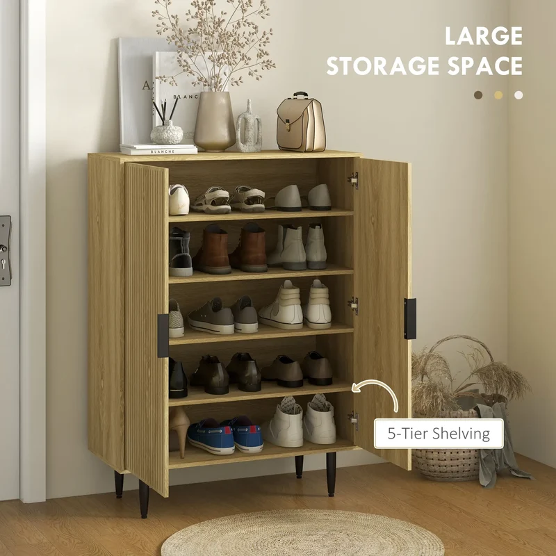 5-Tier Shoe Cabinet, Adjustable Shelves, 15 Pair Storage, Oak