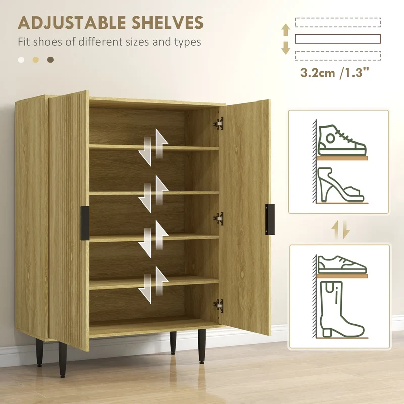5-Tier Shoe Cabinet, Adjustable Shelves, 15 Pair Storage, Oak