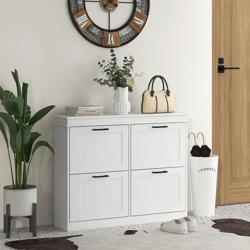 Shoe Storage Cabinet, 4 Flip Drawers, Adjustable Shelves, 20 Pairs, White