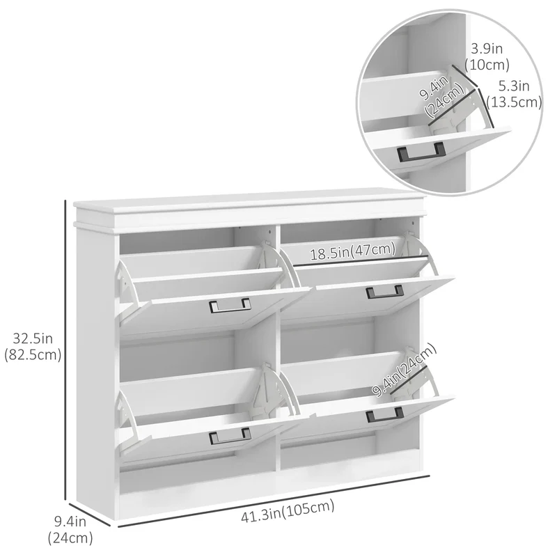Shoe Storage Cabinet, 4 Flip Drawers, Adjustable Shelves, 20 Pairs, White
