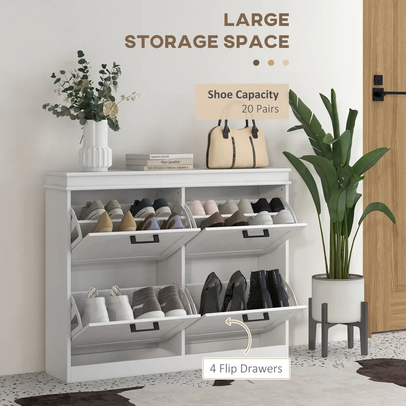 Shoe Storage Cabinet, 4 Flip Drawers, Adjustable Shelves, 20 Pairs, White
