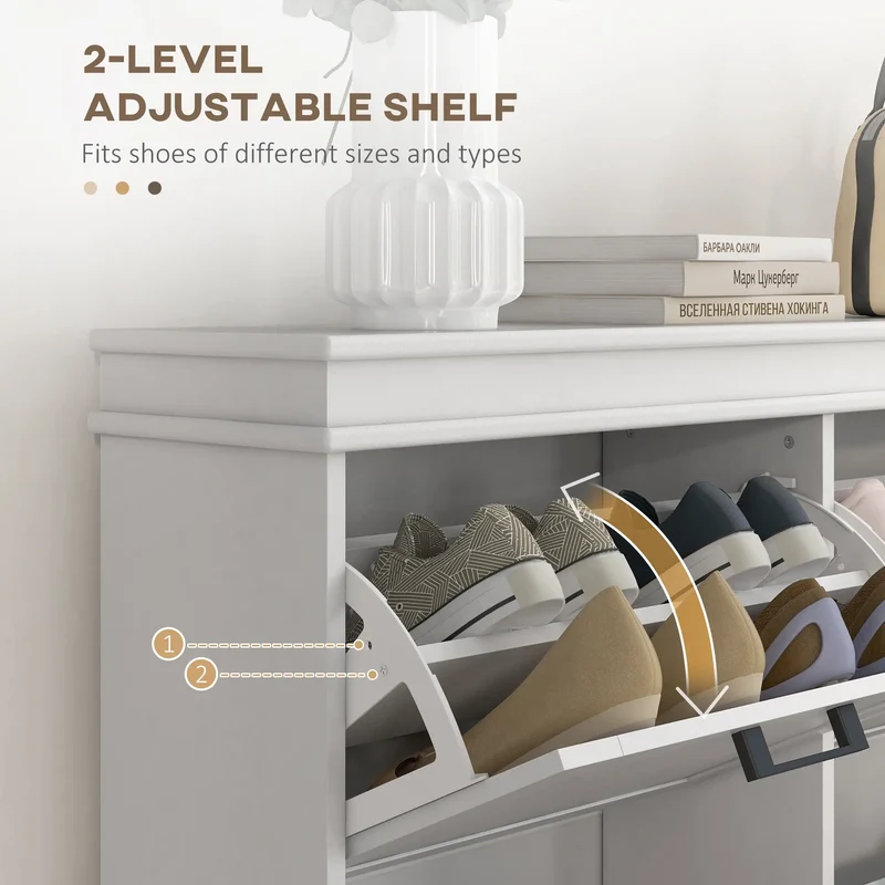 Shoe Storage Cabinet, 4 Flip Drawers, Adjustable Shelves, 20 Pairs, White