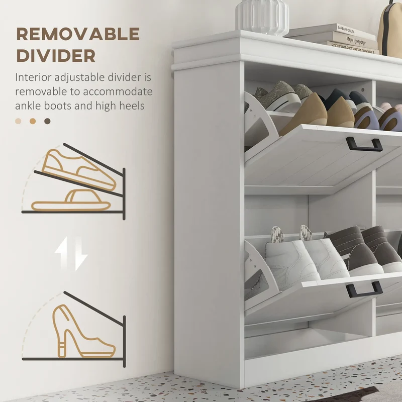 Shoe Storage Cabinet, 4 Flip Drawers, Adjustable Shelves, 20 Pairs, White