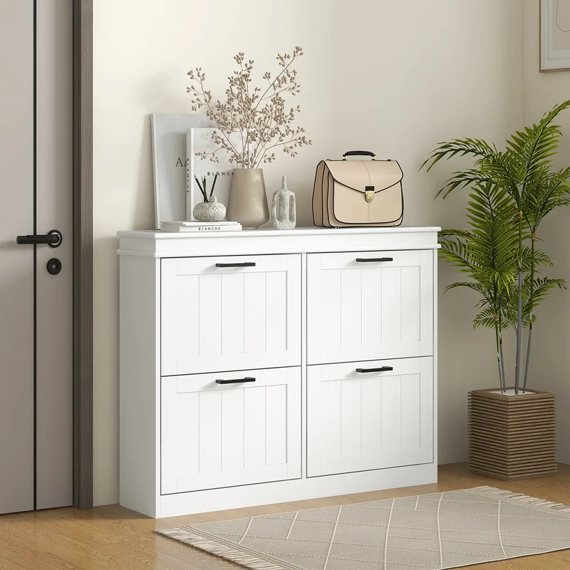 Shoe Storage Cabinet, 4 Flip Drawers, Adjustable Shelves, 20 Pairs, White