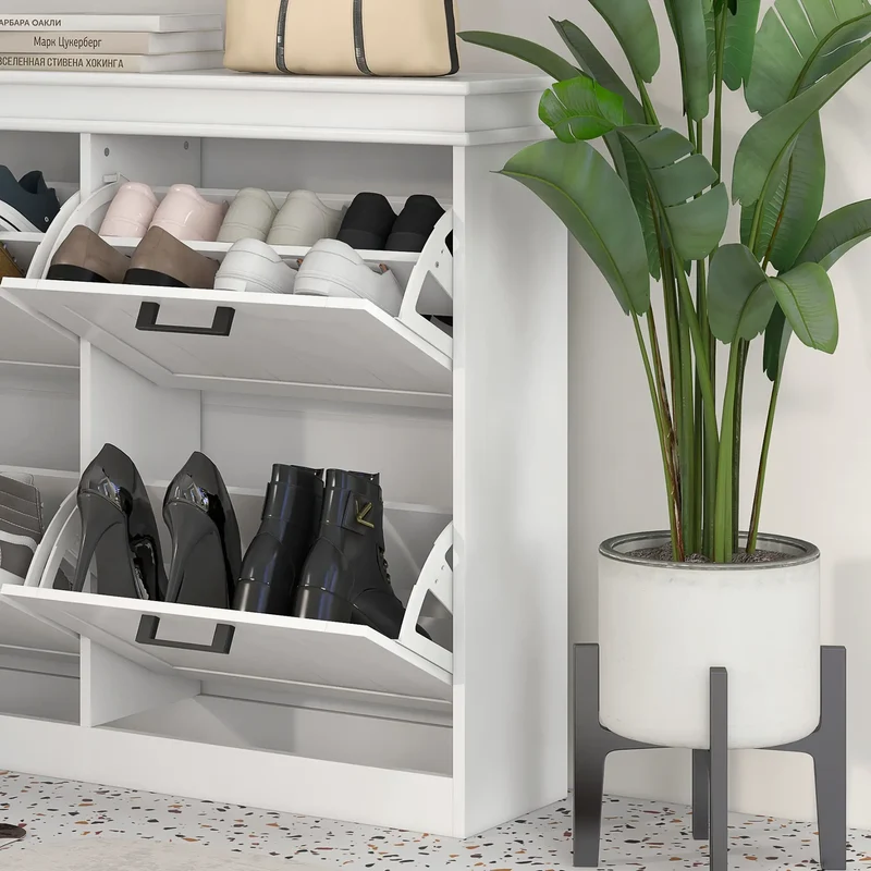Shoe Storage Cabinet, 4 Flip Drawers, Adjustable Shelves, 20 Pairs, White