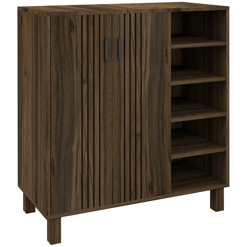 Double Door Shoe Storage, Open Shelves, 17 Pair, Walnut