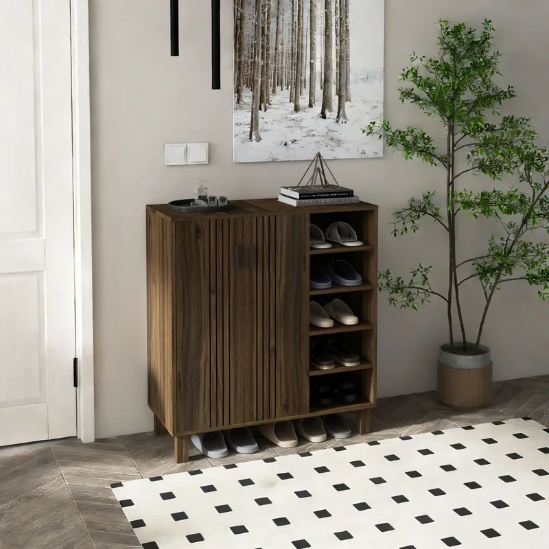 Double Door Shoe Storage, Open Shelves, 17 Pair, Walnut