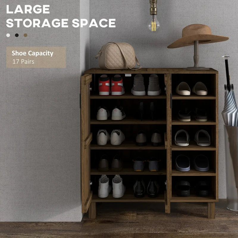 Double Door Shoe Storage, Open Shelves, 17 Pair, Walnut