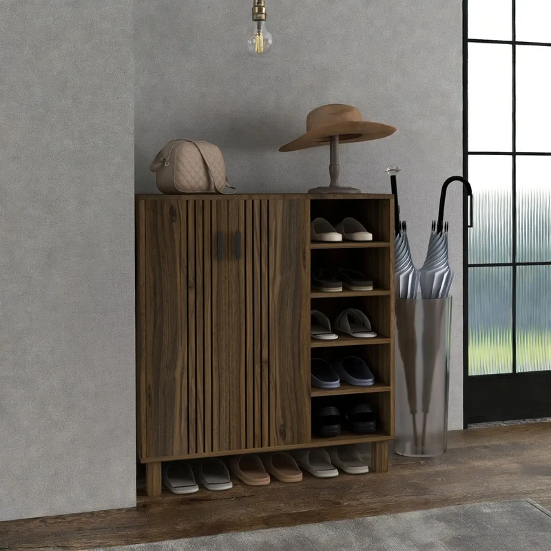 Double Door Shoe Storage, Open Shelves, 17 Pair, Walnut