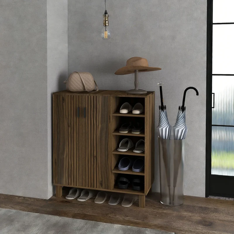Double Door Shoe Storage, Open Shelves, 17 Pair, Walnut