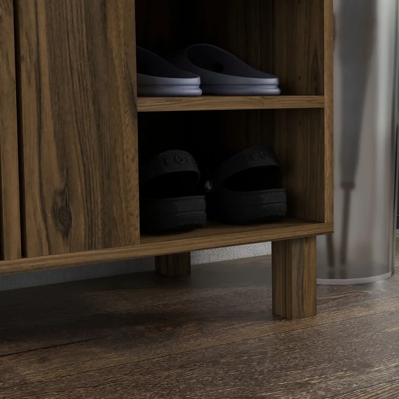 Double Door Shoe Storage, Open Shelves, 17 Pair, Walnut