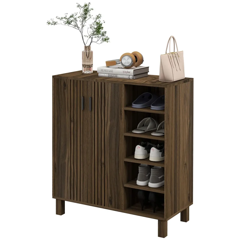 Double Door Shoe Storage, Open Shelves, 17 Pair, Walnut