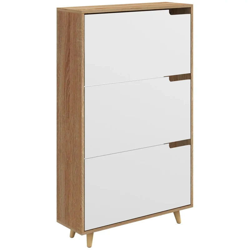 Slim Shoe Storage Cabinet, 3 Flip Drawers, Adjustable Shelves, 18-24 Pairs, White