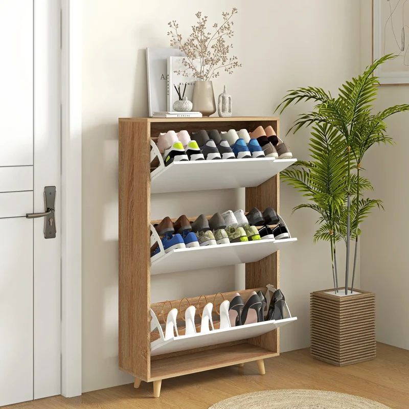 Slim Shoe Storage Cabinet, 3 Flip Drawers, Adjustable Shelves, 18-24 Pairs, White