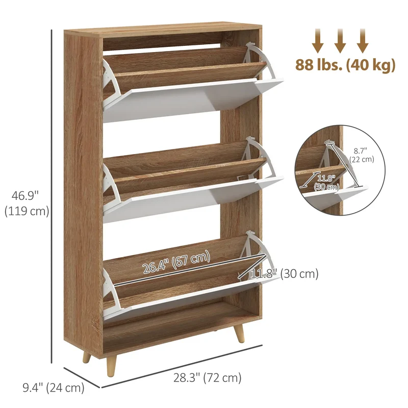 Slim Shoe Storage Cabinet, 3 Flip Drawers, Adjustable Shelves, 18-24 Pairs, White
