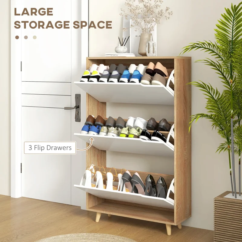 Slim Shoe Storage Cabinet, 3 Flip Drawers, Adjustable Shelves, 18-24 Pairs, White