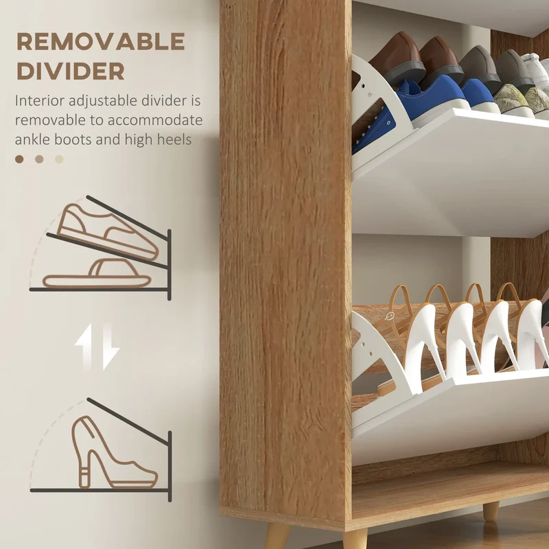 Slim Shoe Storage Cabinet, 3 Flip Drawers, Adjustable Shelves, 18-24 Pairs, White
