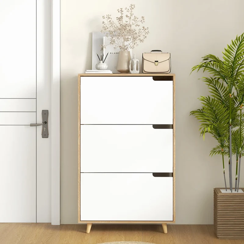 Slim Shoe Storage Cabinet, 3 Flip Drawers, Adjustable Shelves, 18-24 Pairs, White