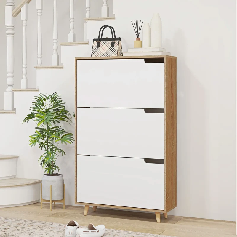 Slim Shoe Storage Cabinet, 3 Flip Drawers, Adjustable Shelves, 18-24 Pairs, White