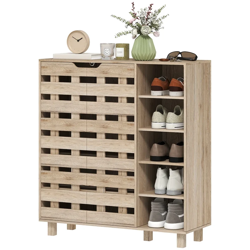 21 Pair Shoe Cabinet, 5-Tier Double Door, 5-Tier Open Shelves, Beige