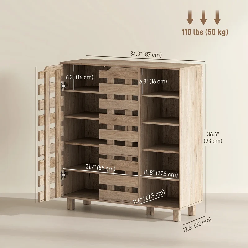 21 Pair Shoe Cabinet, 5-Tier Double Door, 5-Tier Open Shelves, Beige