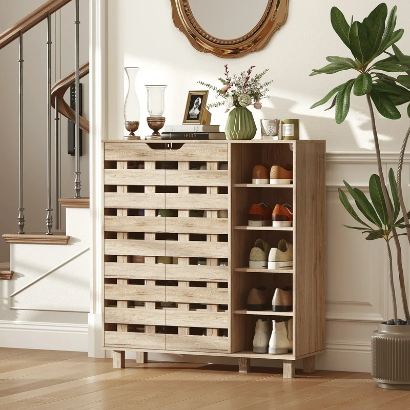 21 Pair Shoe Cabinet, 5-Tier Double Door, 5-Tier Open Shelves, Beige