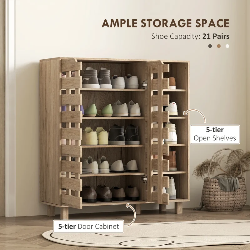 21 Pair Shoe Cabinet, 5-Tier Double Door, 5-Tier Open Shelves, Beige