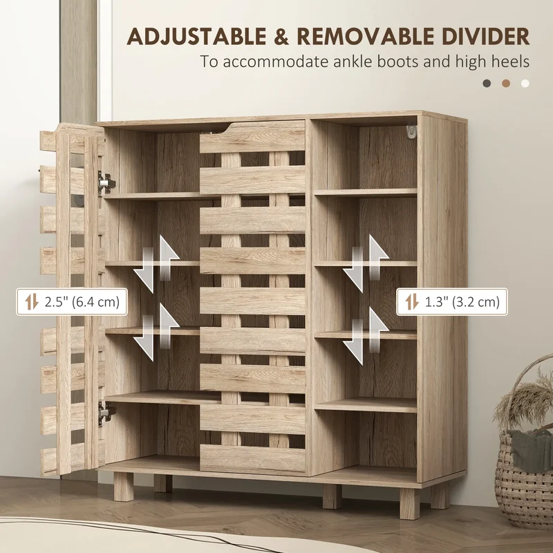 21 Pair Shoe Cabinet, 5-Tier Double Door, 5-Tier Open Shelves, Beige