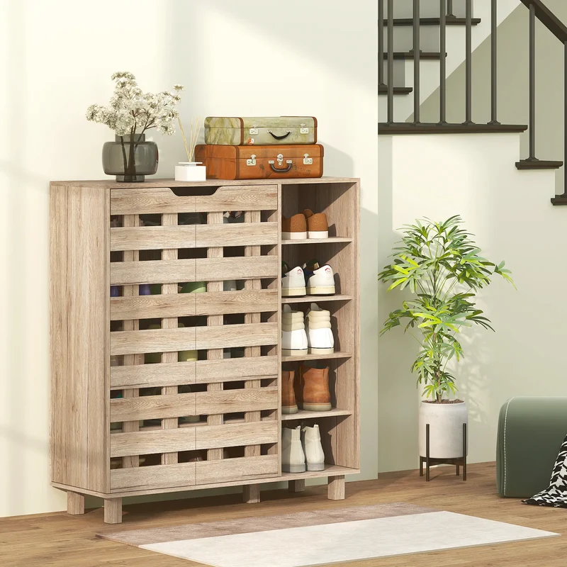 21 Pair Shoe Cabinet, 5-Tier Double Door, 5-Tier Open Shelves, Beige