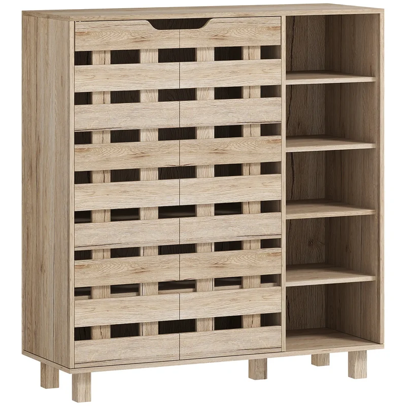21 Pair Shoe Cabinet, 5-Tier Double Door, 5-Tier Open Shelves, Beige