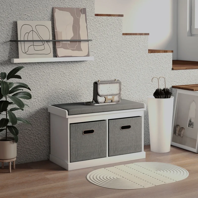 Shoe Storage Bench with Seat, 2 Fabric Drawers, White