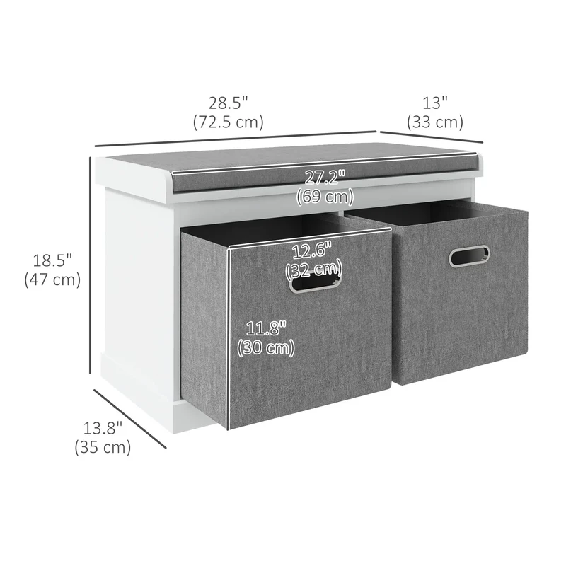 Shoe Storage Bench with Seat, 2 Fabric Drawers, White