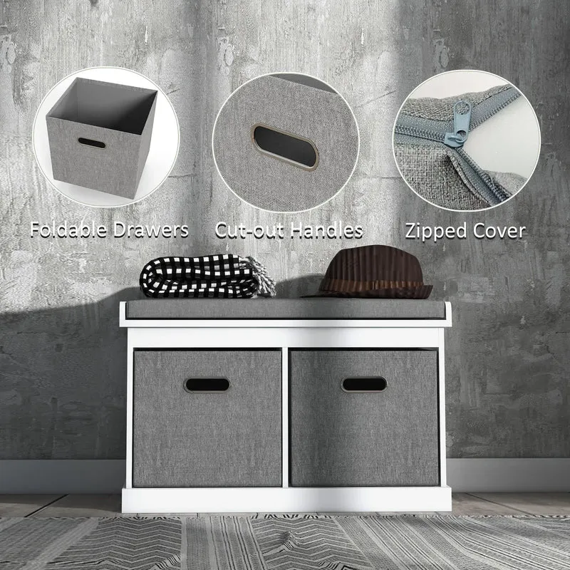 Shoe Storage Bench with Seat, 2 Fabric Drawers, White