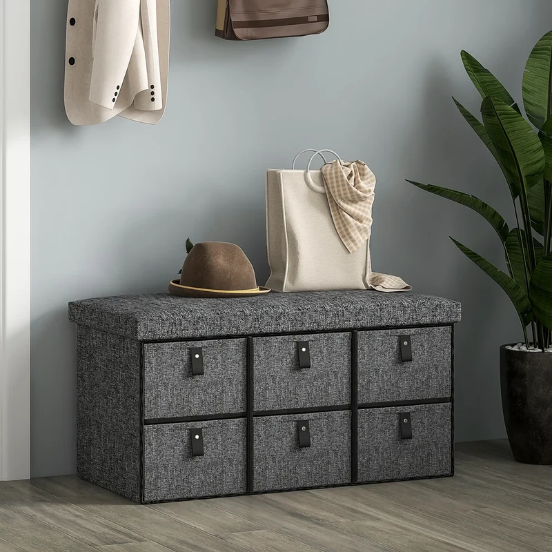 Shoe Bench with Seat, 6 Fabric Drawers, Charcoal Grey