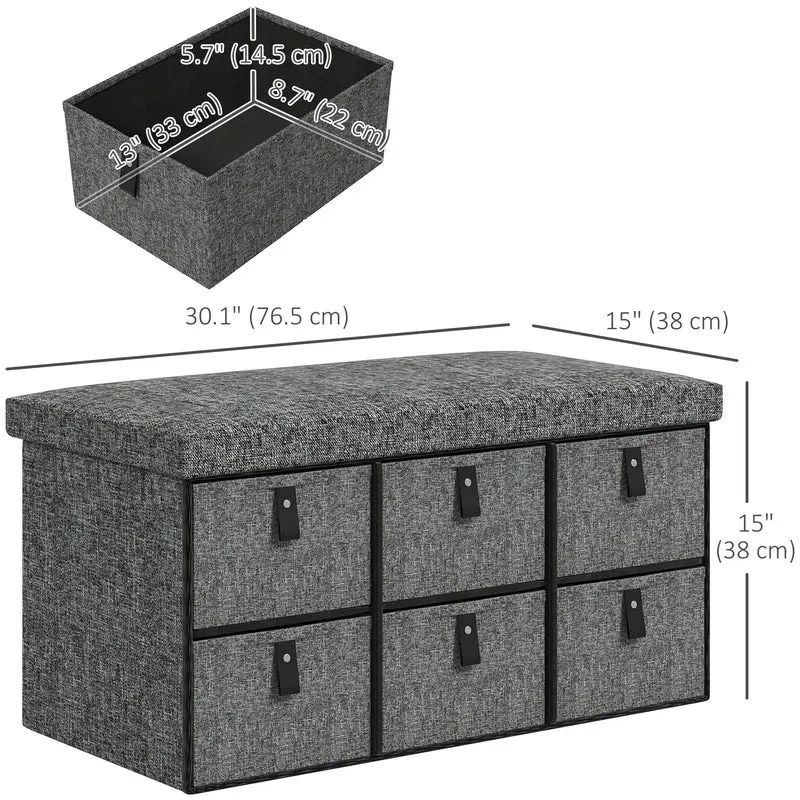 Shoe Bench with Seat, 6 Fabric Drawers, Charcoal Grey