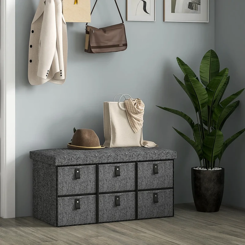 Shoe Bench with Seat, 6 Fabric Drawers, Charcoal Grey