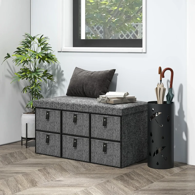 Shoe Bench with Seat, 6 Fabric Drawers, Charcoal Grey
