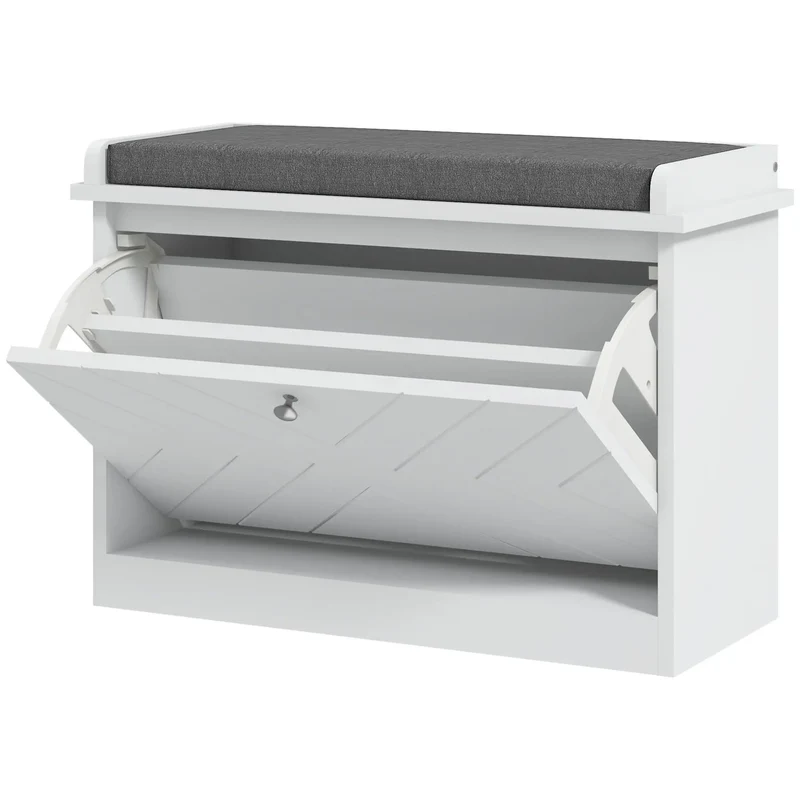 Upholstered Shoe Storage Bench with Flip Drawer, Adjustable Shelf, 6 Pairs