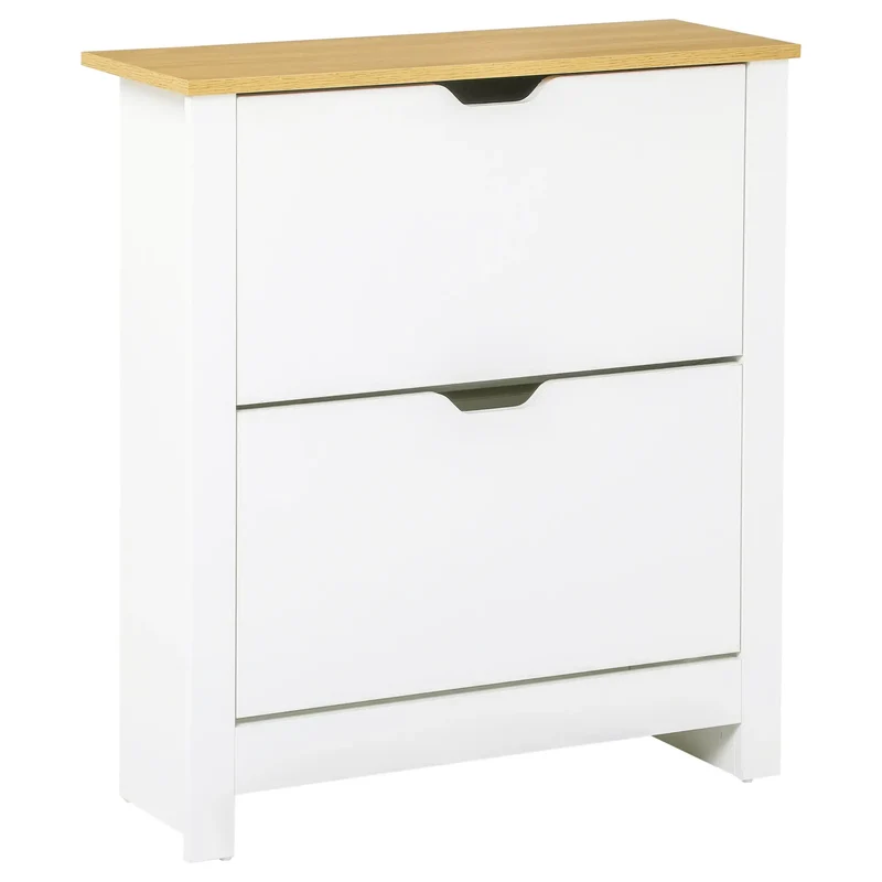 Shoe Storage Cabinet, 2 Flip Drawers, Adjustable Shelves, White