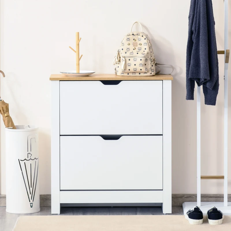 Shoe Storage Cabinet, 2 Flip Drawers, Adjustable Shelves, White