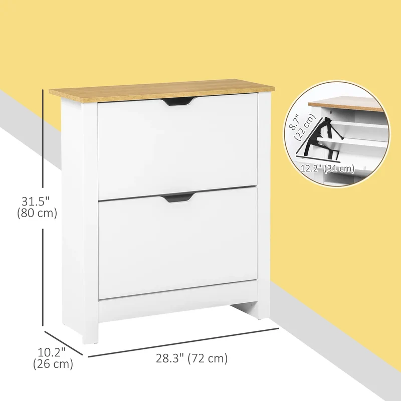 Shoe Storage Cabinet, 2 Flip Drawers, Adjustable Shelves, White